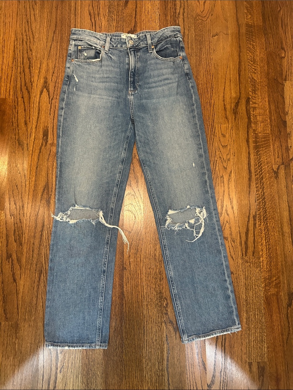 PAIGE Light Blue Distressed Sarah Straight Ankle Jeans